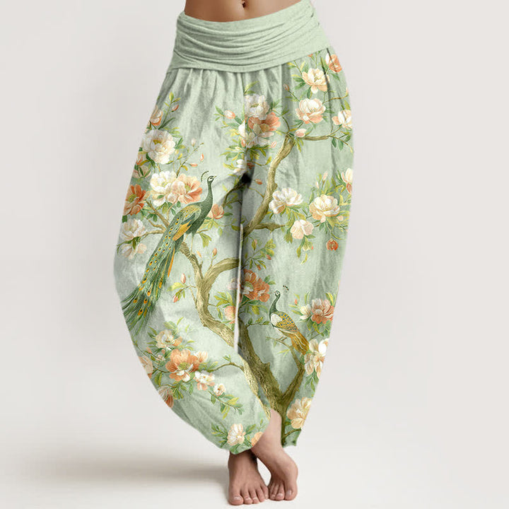 Buddha Stones Pantaloni harem da donna in cotone con motivo a fiori di pavone e vita elasticizzata - Verde pallido - US16, UK/AU20, EU48 (3XL) - image 8