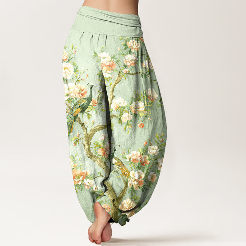 Buddha Stones Pantaloni harem da donna in cotone con motivo a fiori di pavone e vita elasticizzata - image 10