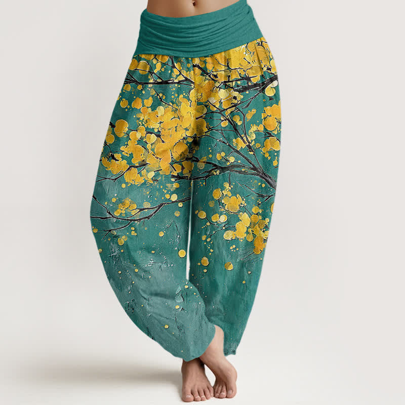 Buddha Stones Pantaloni harem da donna in cotone con motivo a rami di fiori gialli e elastico in vita. - Verde acqua - US16, UK/AU20, EU48 (3XL) - image 0