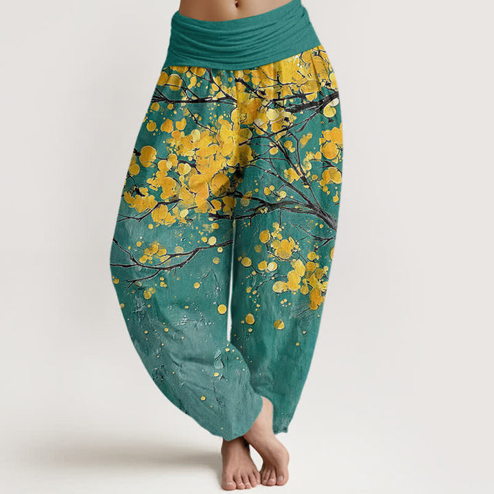 Buddha Stones Pantaloni harem da donna in cotone con motivo a rami di fiori gialli e elastico in vita. - Verde acqua - US16, UK/AU20, EU48 (3XL) - image 0