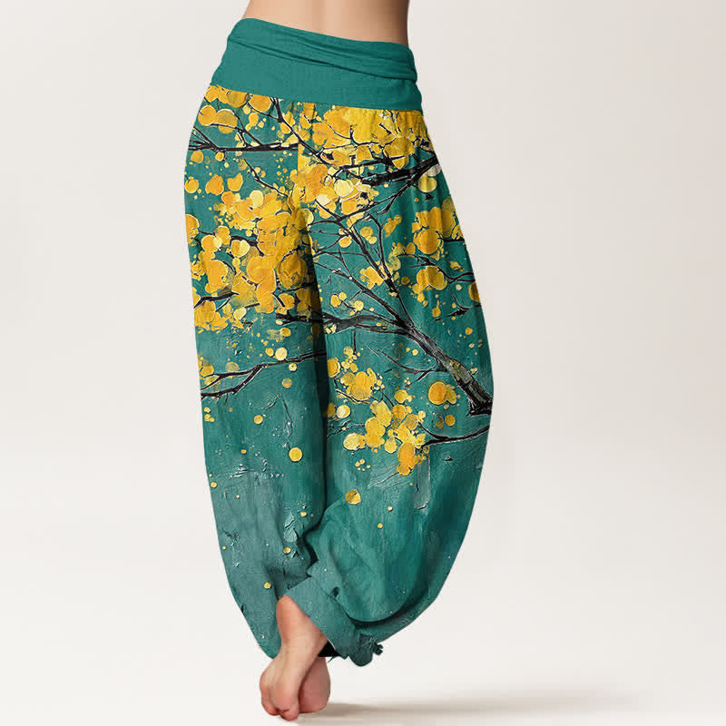 Buddha Stones Pantaloni harem da donna in cotone con motivo a rami di fiori gialli e elastico in vita. - image 1