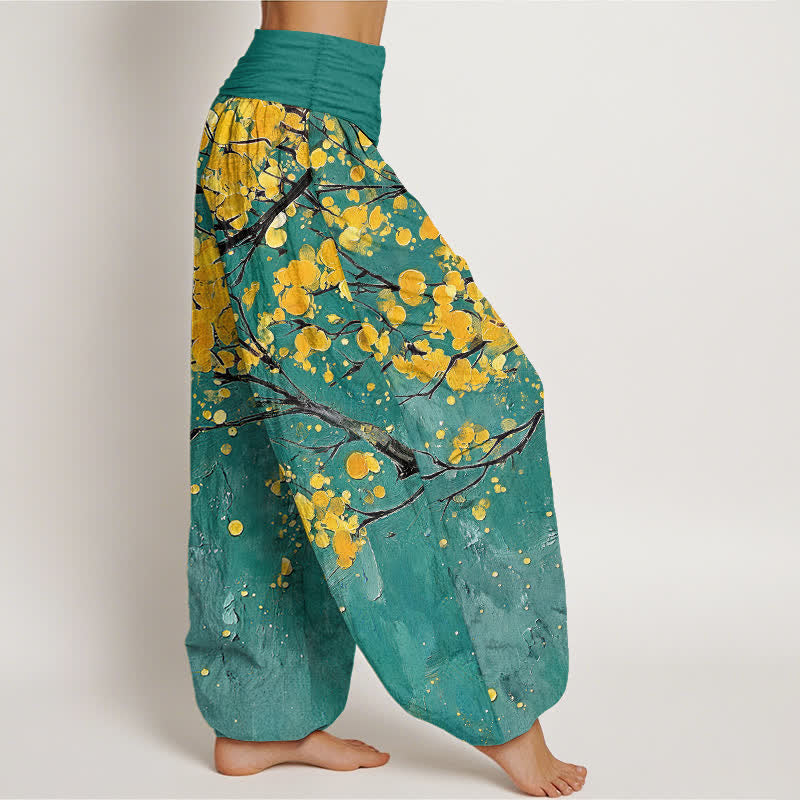 Buddha Stones Pantaloni harem da donna in cotone con motivo a rami di fiori gialli e elastico in vita. - image 2