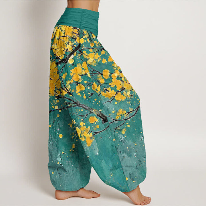 Buddha Stones Pantaloni harem da donna in cotone con motivo a rami di fiori gialli e elastico in vita. - image 2
