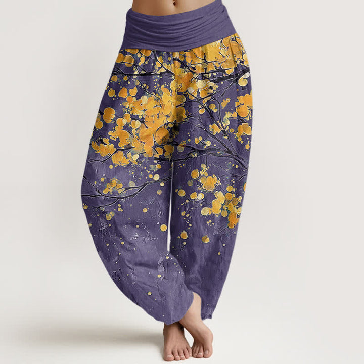 Buddha Stones Pantaloni harem da donna in cotone con motivo a rami di fiori gialli e elastico in vita. - Viola - US16, UK/AU20, EU48 (3XL) - image 5