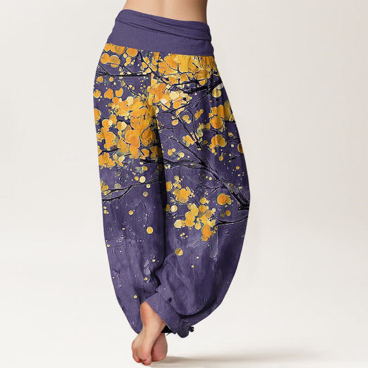 Buddha Stones Pantaloni harem da donna in cotone con motivo a rami di fiori gialli e elastico in vita. - image 7