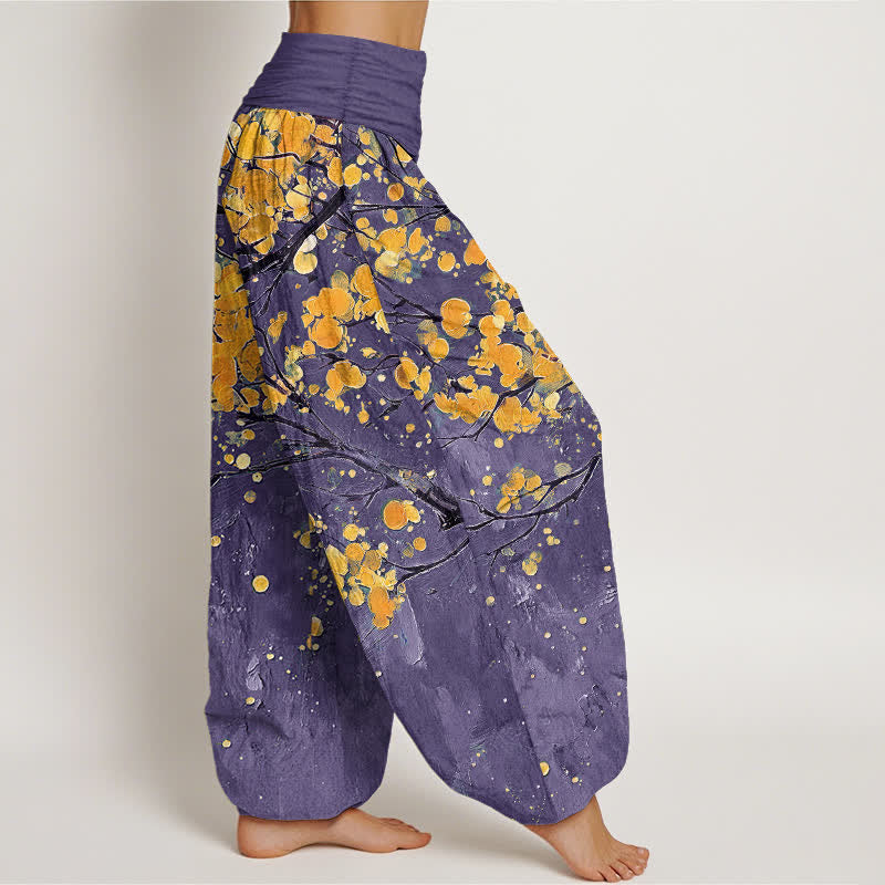Buddha Stones Pantaloni harem da donna in cotone con motivo a rami di fiori gialli e elastico in vita. - image 6
