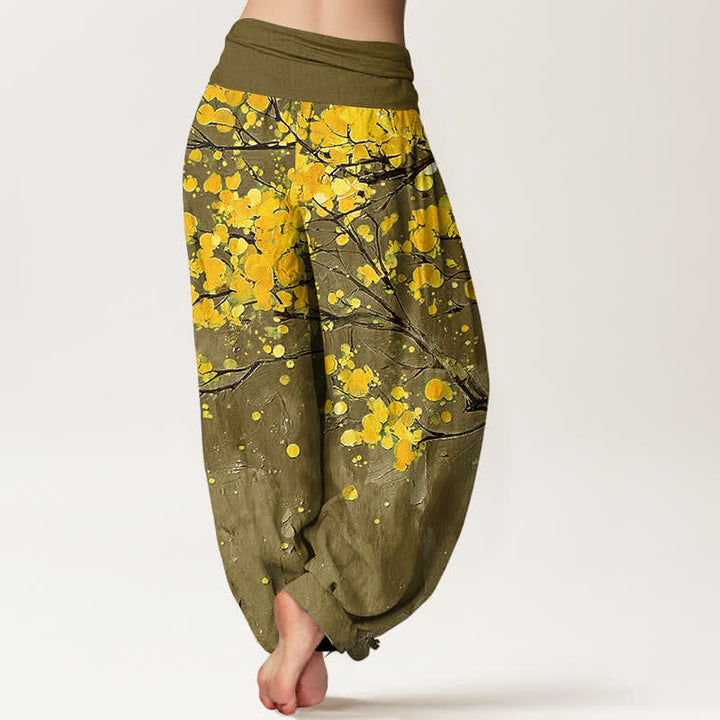Buddha Stones Pantaloni harem da donna in cotone con motivo a rami di fiori gialli e elastico in vita. - image 10