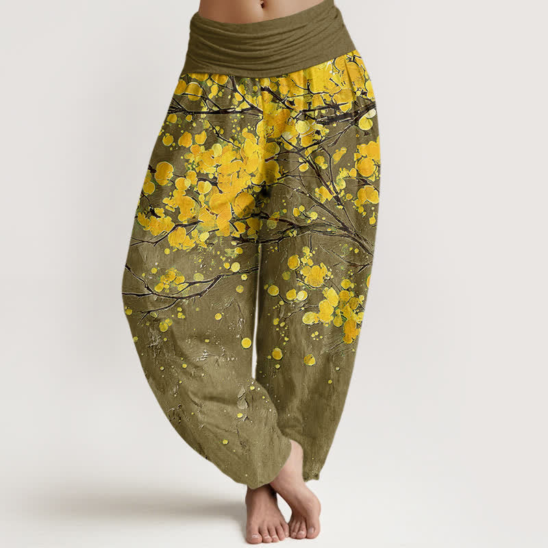 Buddha Stones Pantaloni harem da donna in cotone con motivo a rami di fiori gialli e elastico in vita. - Oliva - US16, UK/AU20, EU48 (3XL) - image 8