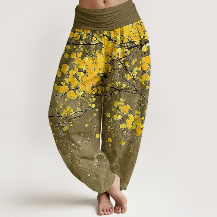 Buddha Stones Pantaloni harem da donna in cotone con motivo a rami di fiori gialli e elastico in vita. - Oliva - US16, UK/AU20, EU48 (3XL) - image 8