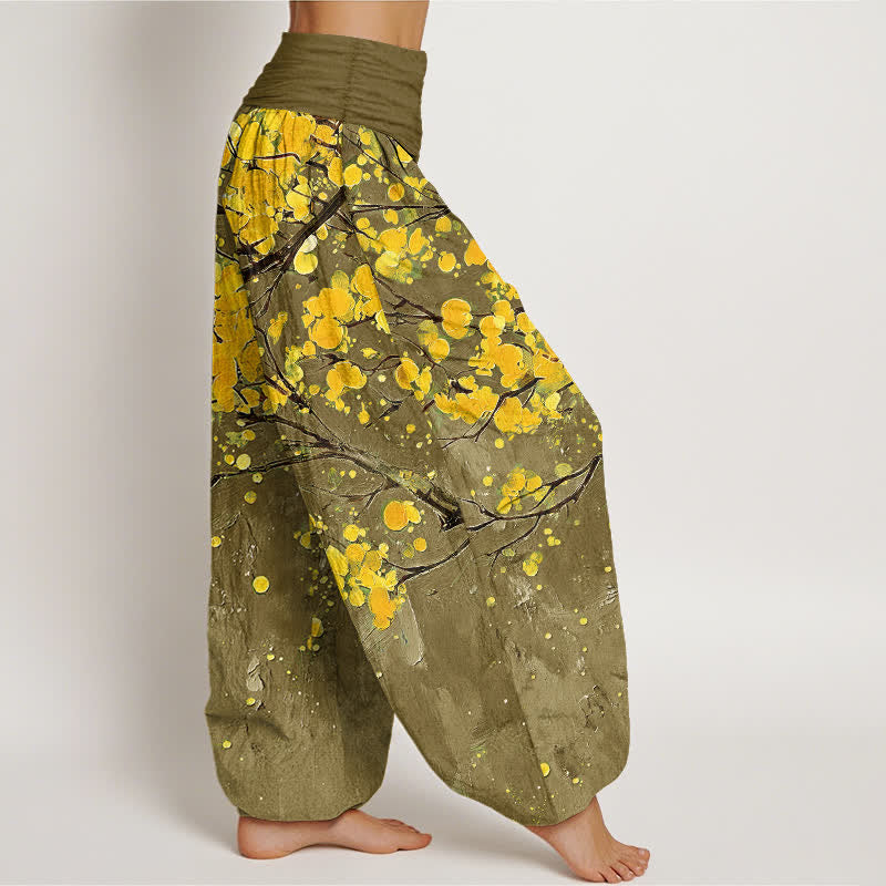 Buddha Stones Pantaloni harem da donna in cotone con motivo a rami di fiori gialli e elastico in vita. - image 9