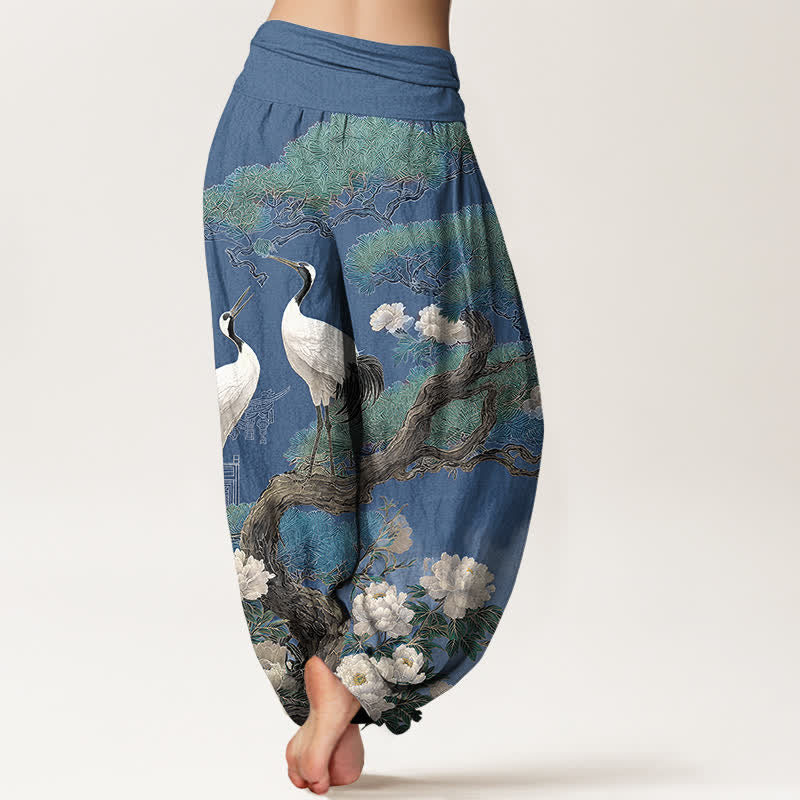 Buddha Stones Pantaloni harem da donna in cotone con motivo a fiori di gru e vita elasticizzata - image 2