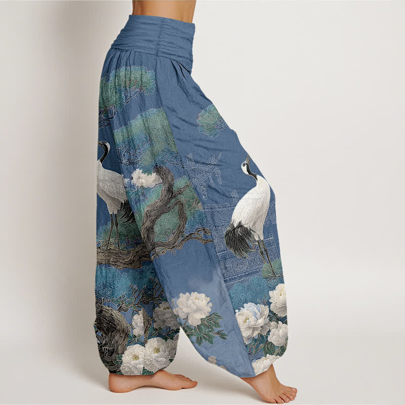 Buddha Stones Pantaloni harem da donna in cotone con motivo a fiori di gru e vita elasticizzata - image 1