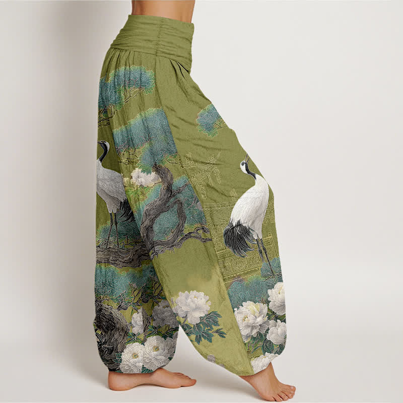 Buddha Stones Pantaloni harem da donna in cotone con motivo a fiori di gru e vita elasticizzata - image 6