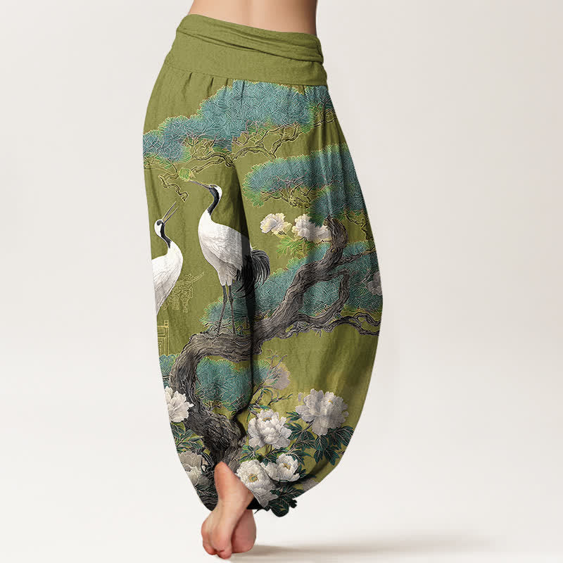 Buddha Stones Pantaloni harem da donna in cotone con motivo a fiori di gru e vita elasticizzata - image 7