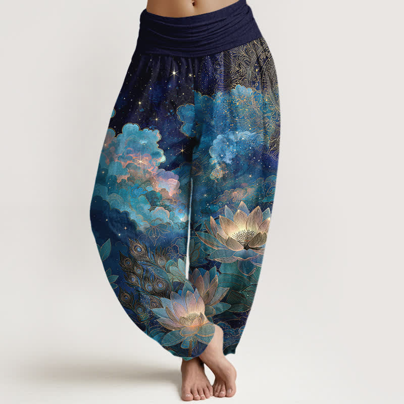 Buddha Stones Pantaloni harem da donna in cotone con motivo cielo notturno e loto, con elastico in vita. - Marina - US16, UK/AU20, EU48 (3XL) - image 0