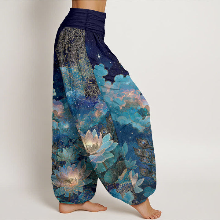 Buddha Stones Pantaloni harem da donna in cotone con motivo cielo notturno e loto, con elastico in vita. - image 1