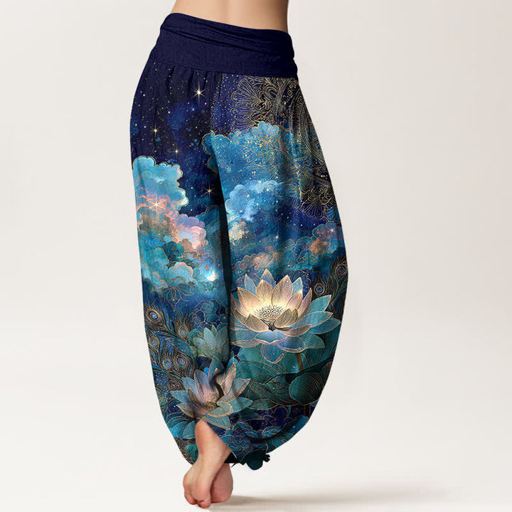 Buddha Stones Pantaloni harem da donna in cotone con motivo cielo notturno e loto, con elastico in vita. - image 2