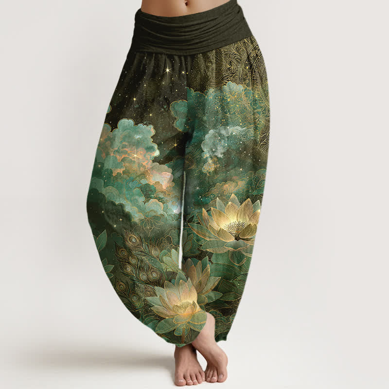 Buddha Stones Pantaloni harem da donna in cotone con motivo cielo notturno e loto, con elastico in vita. - Verde oliva scuro - US16, UK/AU20, EU48 (3XL) - image 5