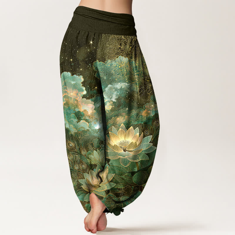 Buddha Stones Pantaloni harem da donna in cotone con motivo cielo notturno e loto, con elastico in vita. - image 7