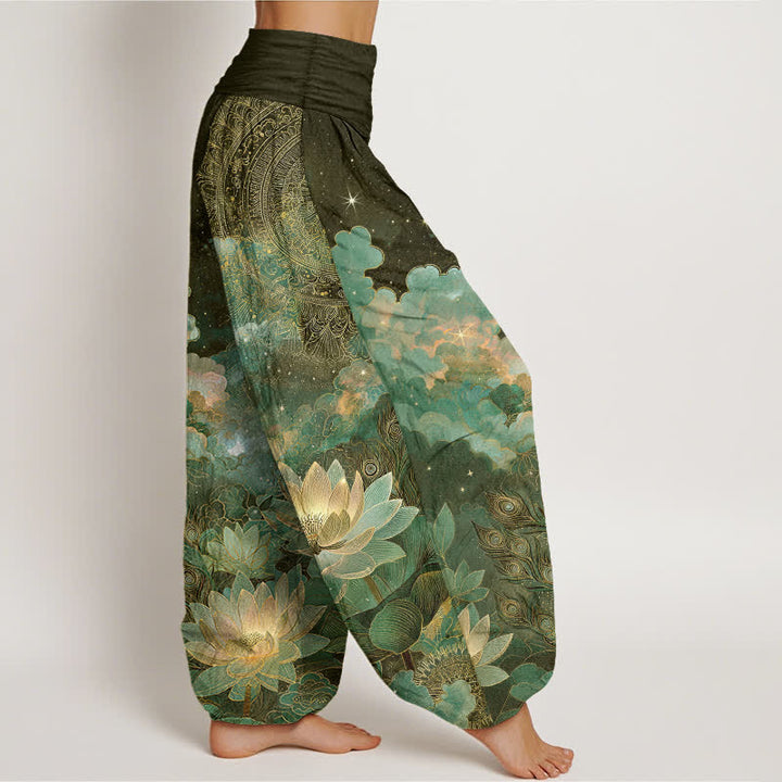Buddha Stones Pantaloni harem da donna in cotone con motivo cielo notturno e loto, con elastico in vita. - image 6