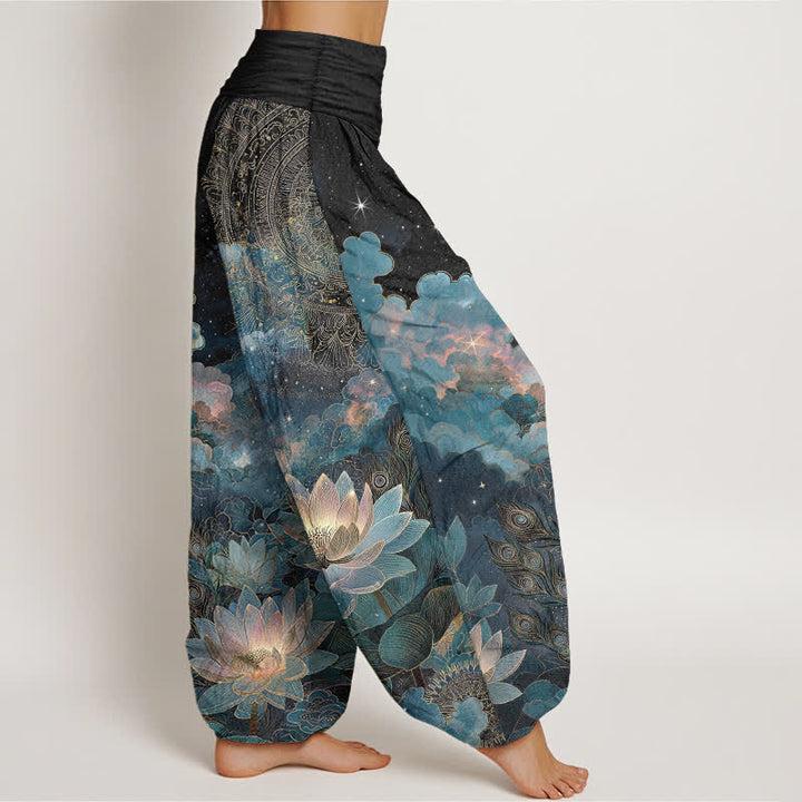 Buddha Stones Pantaloni harem da donna in cotone con motivo cielo notturno e loto, con elastico in vita. - image 9