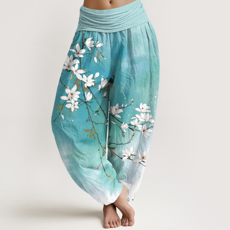 Buddha Stones Pantaloni harem da donna in puro cotone bianco con motivo a rami di magnolia e vita elasticizzata. - Turchese - US16, UK/AU20, EU48 (3XL) - image 0