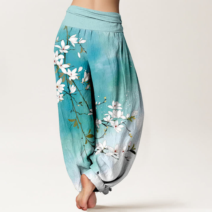 Buddha Stones Pantaloni harem da donna in puro cotone bianco con motivo a rami di magnolia e vita elasticizzata. - image 2