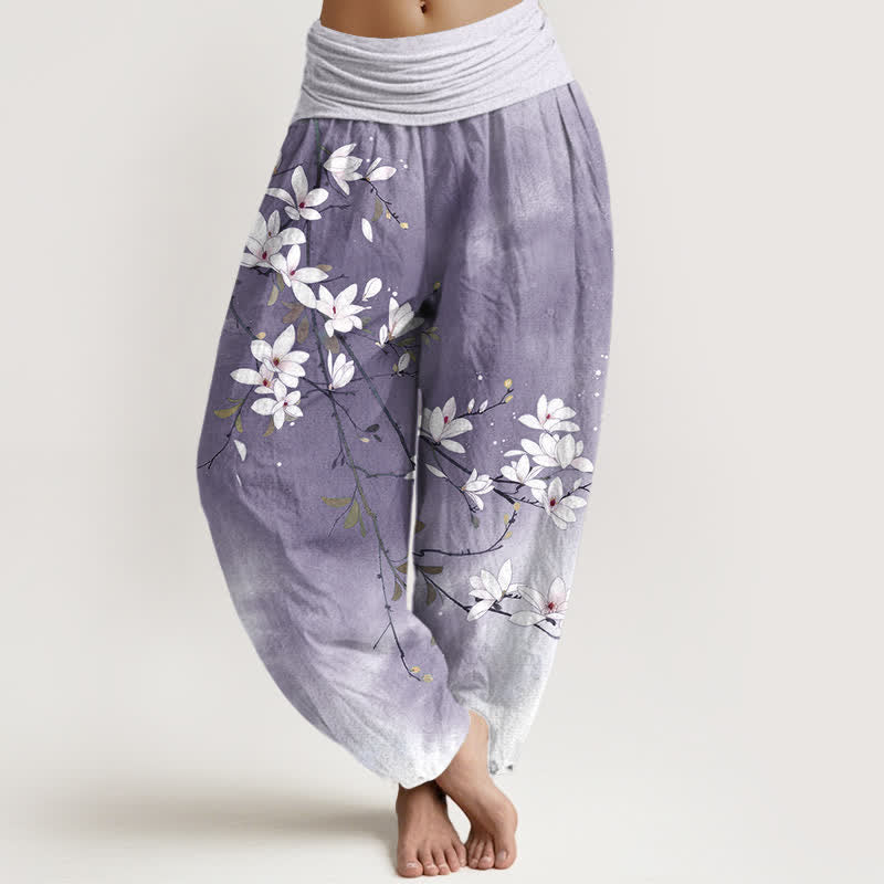 Buddha Stones Pantaloni harem da donna in puro cotone bianco con motivo a rami di magnolia e vita elasticizzata. - Lavanda - US16, UK/AU20, EU48 (3XL) - image 5