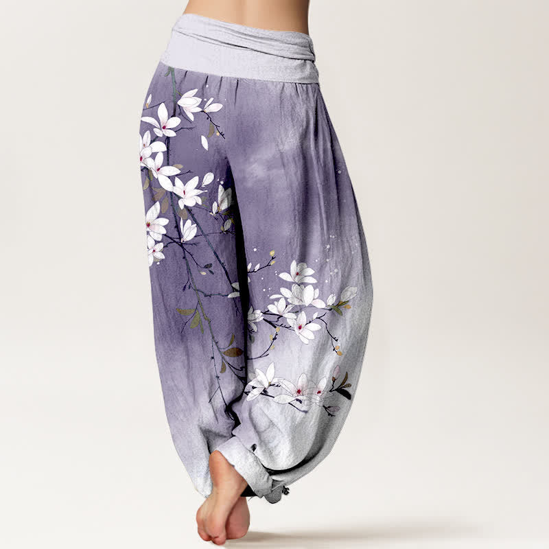 Buddha Stones Pantaloni harem da donna in puro cotone bianco con motivo a rami di magnolia e vita elasticizzata. - image 7