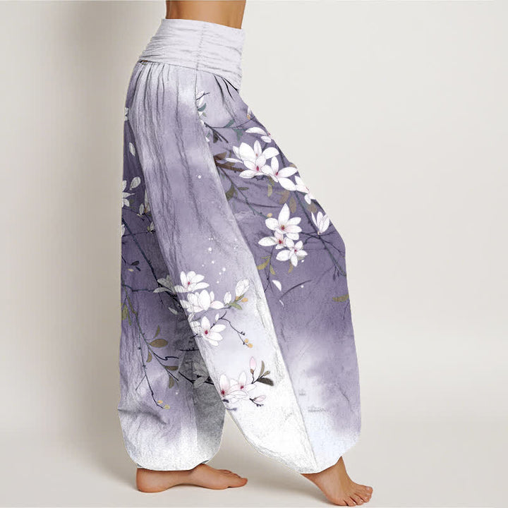 Buddha Stones Pantaloni harem da donna in puro cotone bianco con motivo a rami di magnolia e vita elasticizzata. - image 6