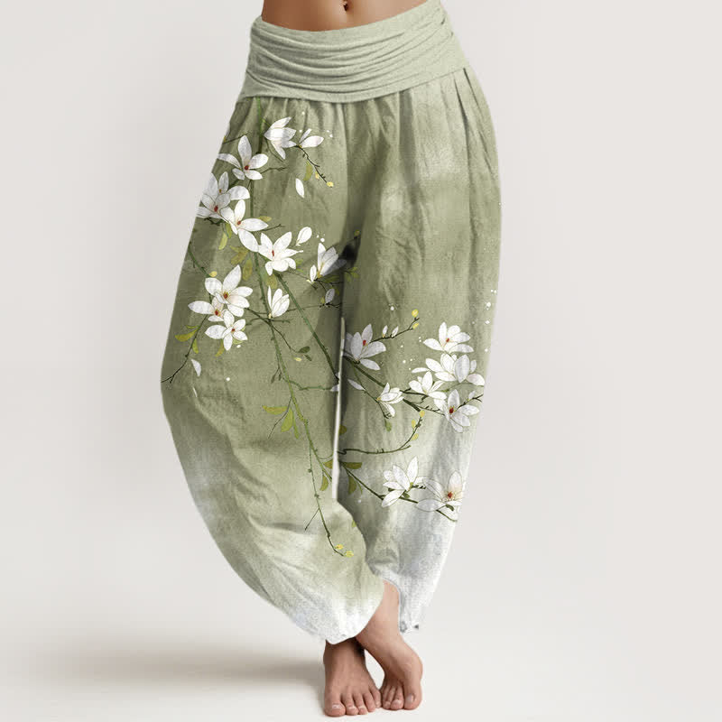 Buddha Stones Pantaloni harem da donna in puro cotone bianco con motivo a rami di magnolia e vita elasticizzata. - Oliva - US16, UK/AU20, EU48 (3XL) - image 8