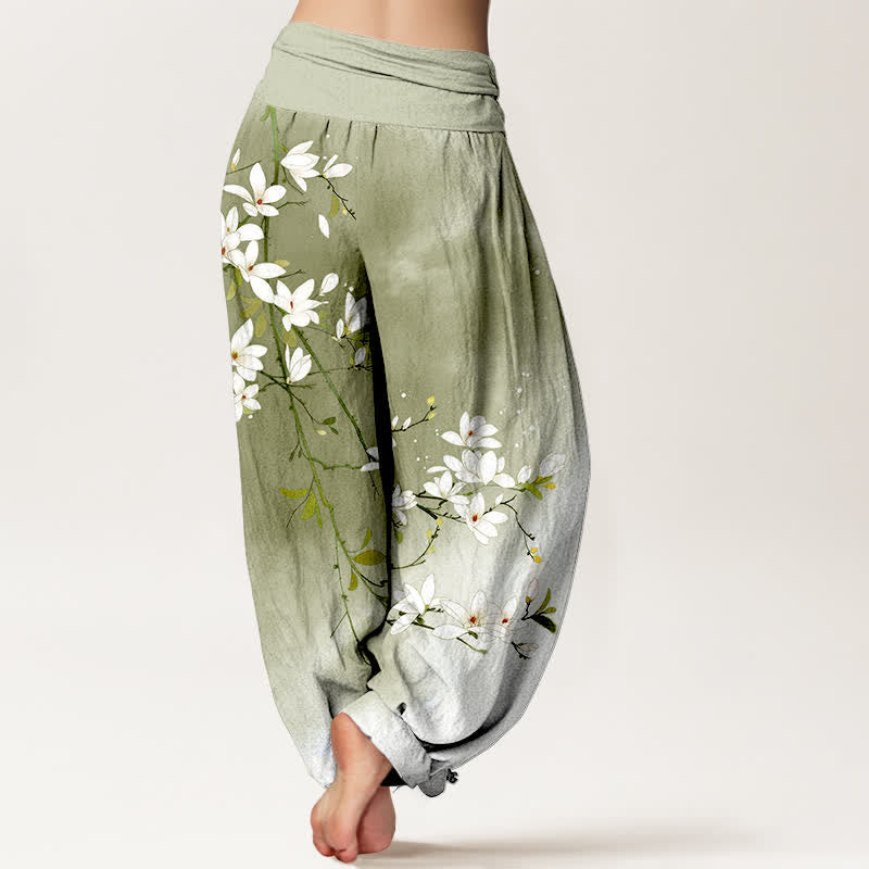 Buddha Stones Pantaloni harem da donna in puro cotone bianco con motivo a rami di magnolia e vita elasticizzata. - image 10