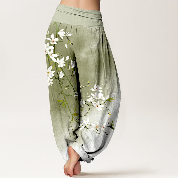 Buddha Stones Pantaloni harem da donna in puro cotone bianco con motivo a rami di magnolia e vita elasticizzata. - image 10