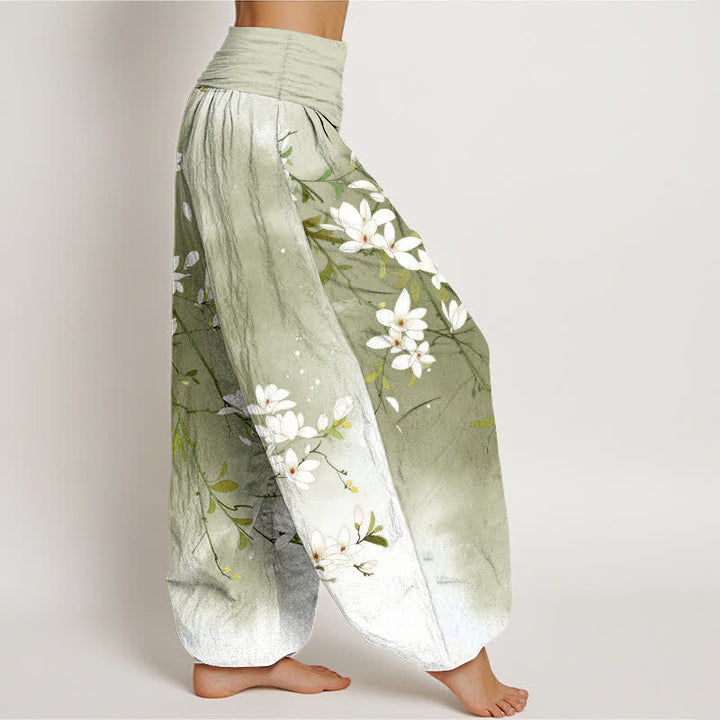 Buddha Stones Pantaloni harem da donna in puro cotone bianco con motivo a rami di magnolia e vita elasticizzata. - image 9