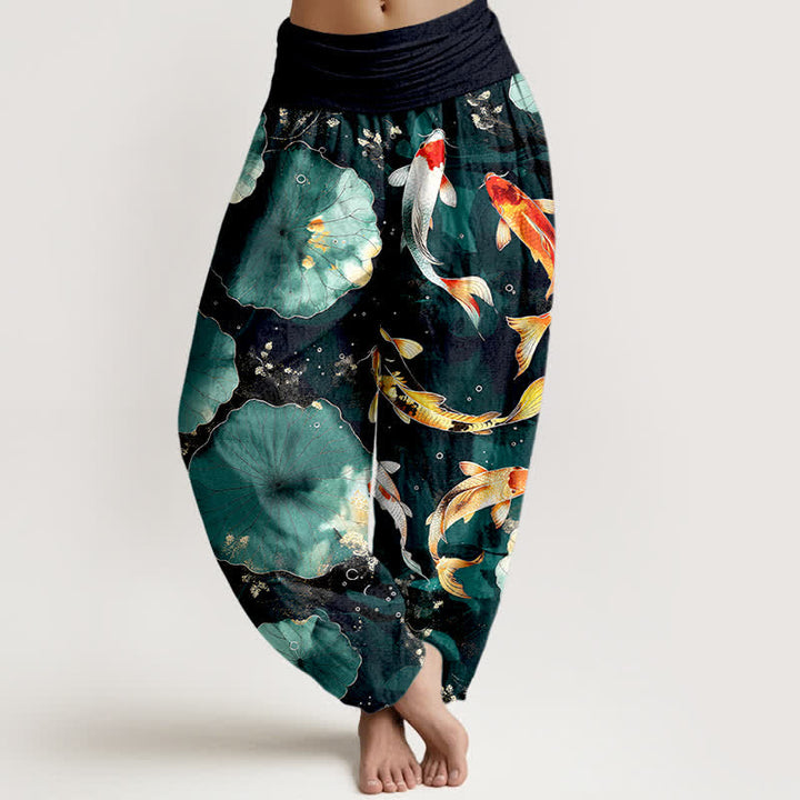 Buddha Stones Pantaloni harem da donna in cotone con motivo a carpe koi e foglie di loto, con elastico in vita. - Verde acqua - US16, UK/AU20, EU48 (3XL) - image 0