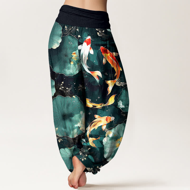 Buddha Stones Pantaloni harem da donna in cotone con motivo a carpe koi e foglie di loto, con elastico in vita. - image 2