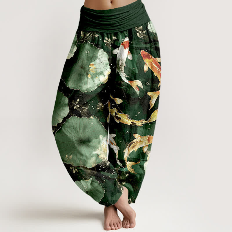 Buddha Stones Pantaloni harem da donna in cotone con motivo a carpe koi e foglie di loto, con elastico in vita. - Verde scuro - US16, UK/AU20, EU48 (3XL) - image 5