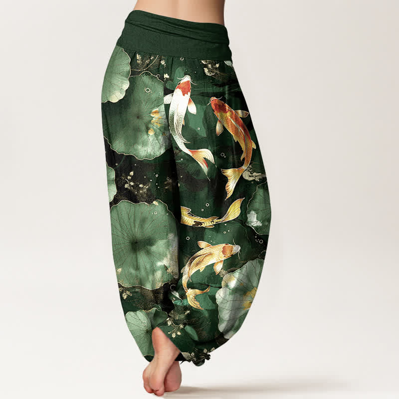Buddha Stones Pantaloni harem da donna in cotone con motivo a carpe koi e foglie di loto, con elastico in vita. - image 7