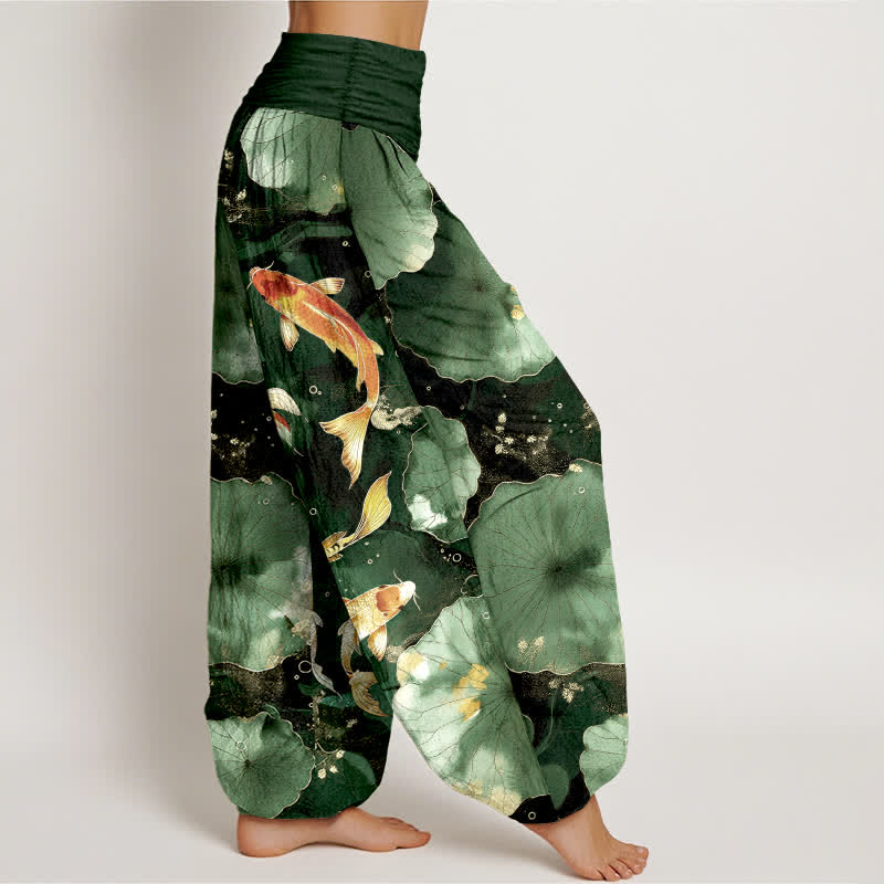 Buddha Stones Pantaloni harem da donna in cotone con motivo a carpe koi e foglie di loto, con elastico in vita. - image 6