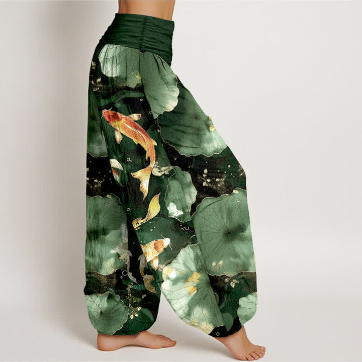 Buddha Stones Pantaloni harem da donna in cotone con motivo a carpe koi e foglie di loto, con elastico in vita. - image 6