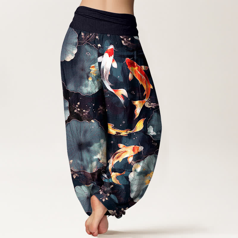 Buddha Stones Pantaloni harem da donna in cotone con motivo a carpe koi e foglie di loto, con elastico in vita. - image 10