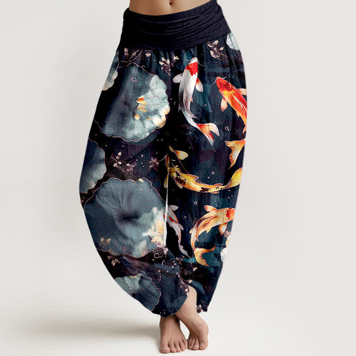 Buddha Stones Pantaloni harem da donna in cotone con motivo a carpe koi e foglie di loto, con elastico in vita. - Nero - US16, UK/AU20, EU48 (3XL) - image 8