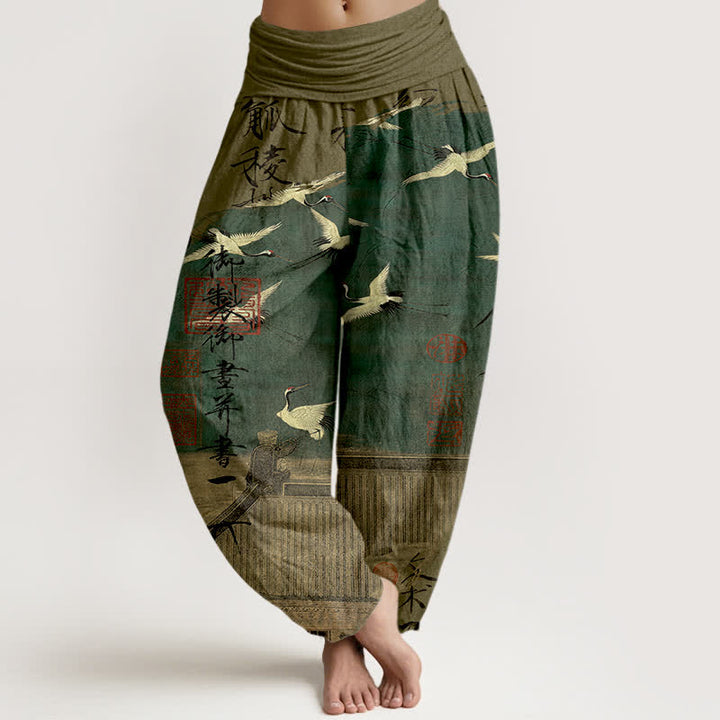 Buddha Stones Pantaloni harem da donna in cotone con motivo a gru volante e foca, con elastico in vita. - Verde oliva scuro - US16, UK/AU20, EU48 (3XL) - image 0