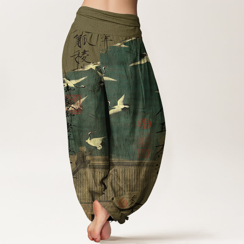 Buddha Stones Pantaloni harem da donna in cotone con motivo a gru volante e foca, con elastico in vita. - image 2