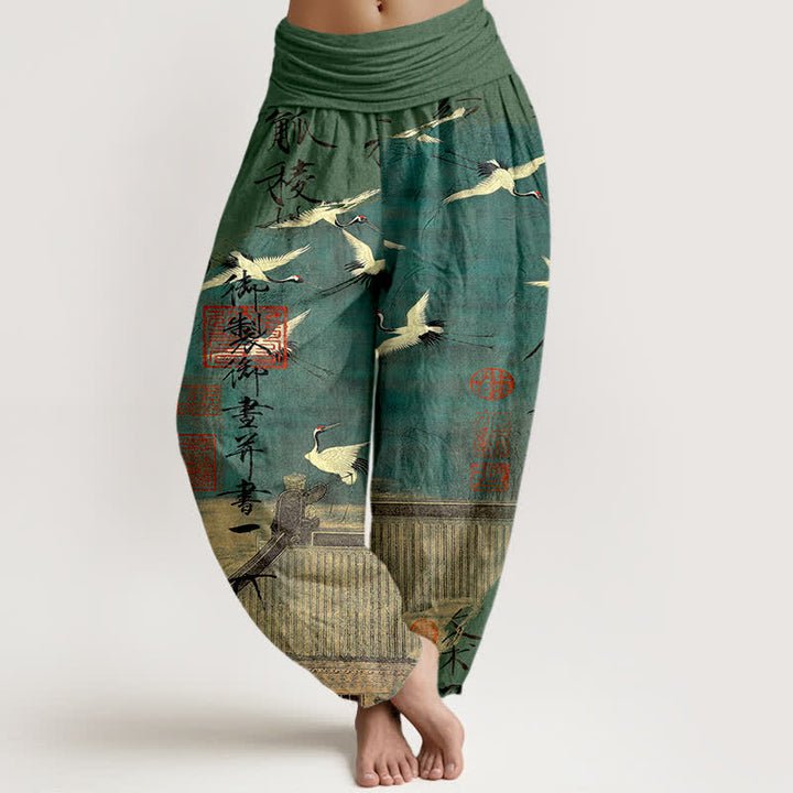 Buddha Stones Pantaloni harem da donna in cotone con motivo a gru volante e foca, con elastico in vita. - Verde Mare Medio - US16, UK/AU20, EU48 (3XL) - image 5