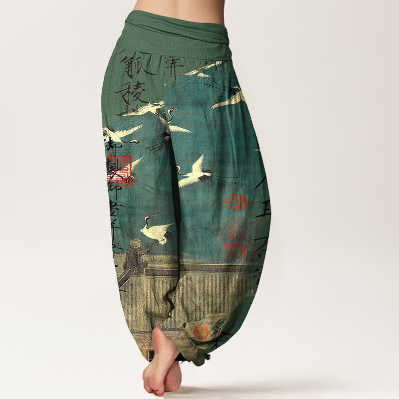 Buddha Stones Pantaloni harem da donna in cotone con motivo a gru volante e foca, con elastico in vita. - image 7