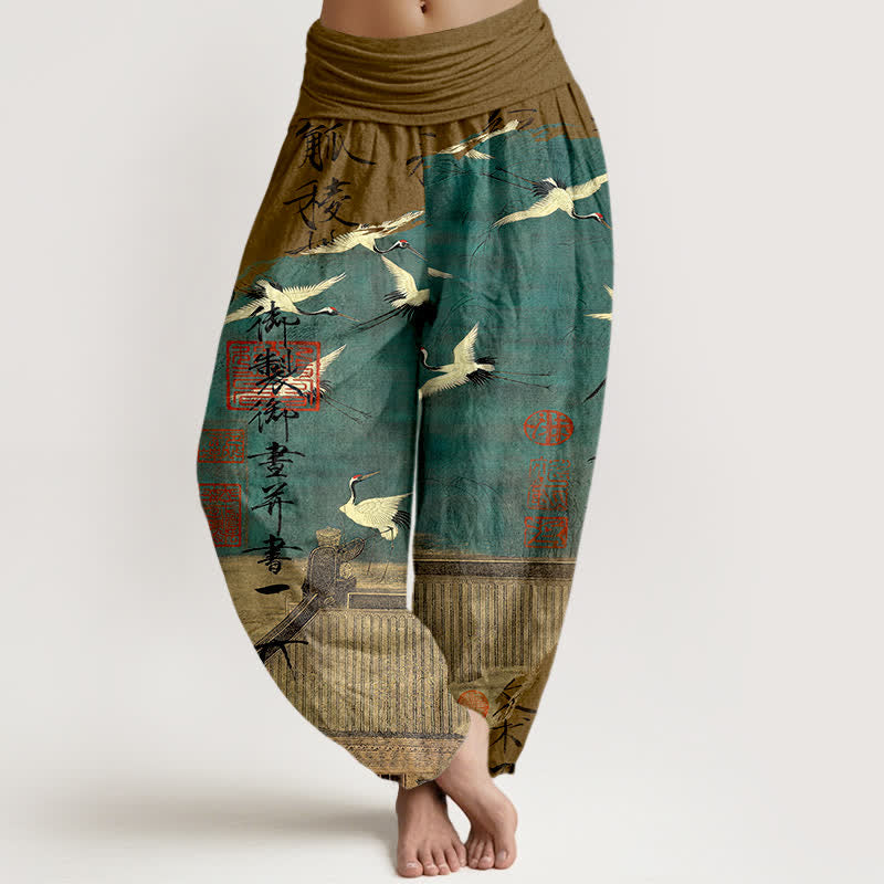 Buddha Stones Pantaloni harem da donna in cotone con motivo a gru volante e foca, con elastico in vita. - Verga d'oro scura - US16, UK/AU20, EU48 (3XL) - image 8