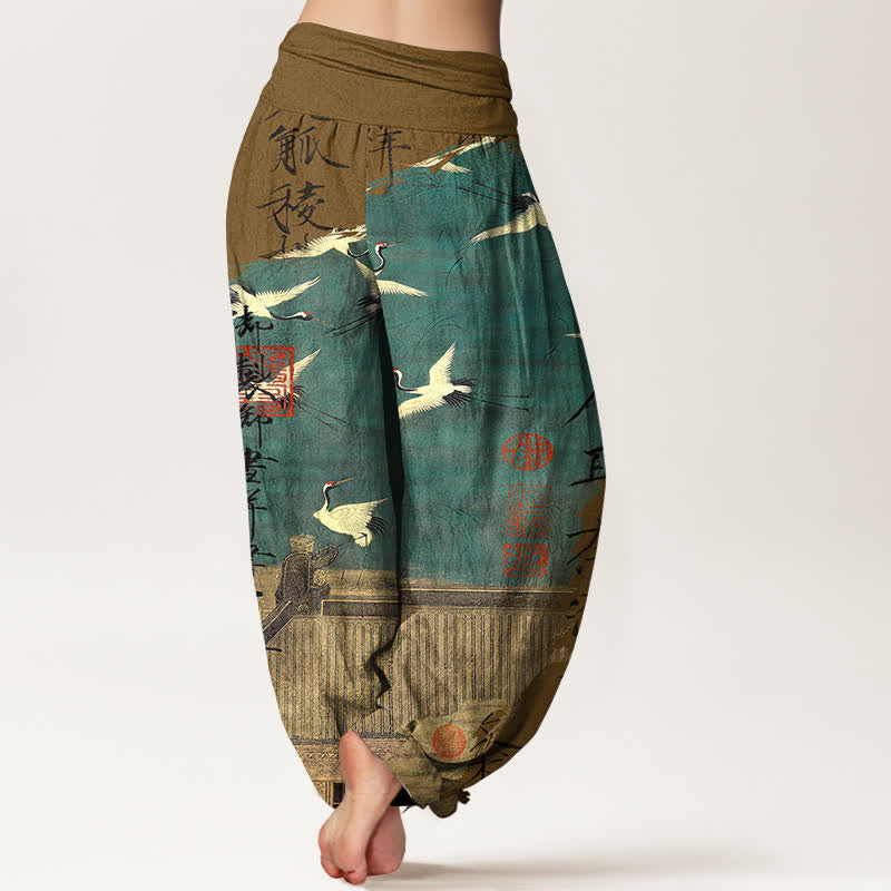 Buddha Stones Pantaloni harem da donna in cotone con motivo a gru volante e foca, con elastico in vita. - image 10