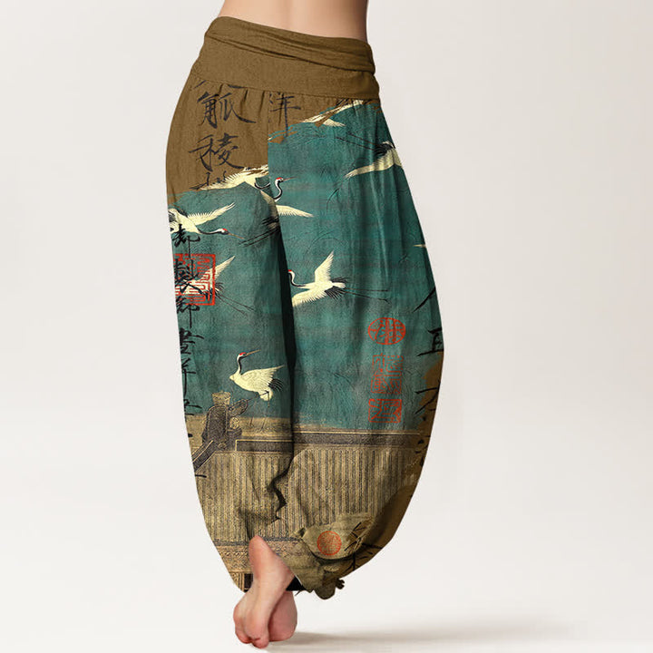 Buddha Stones Pantaloni harem da donna in cotone con motivo a gru volante e foca, con elastico in vita. - image 10