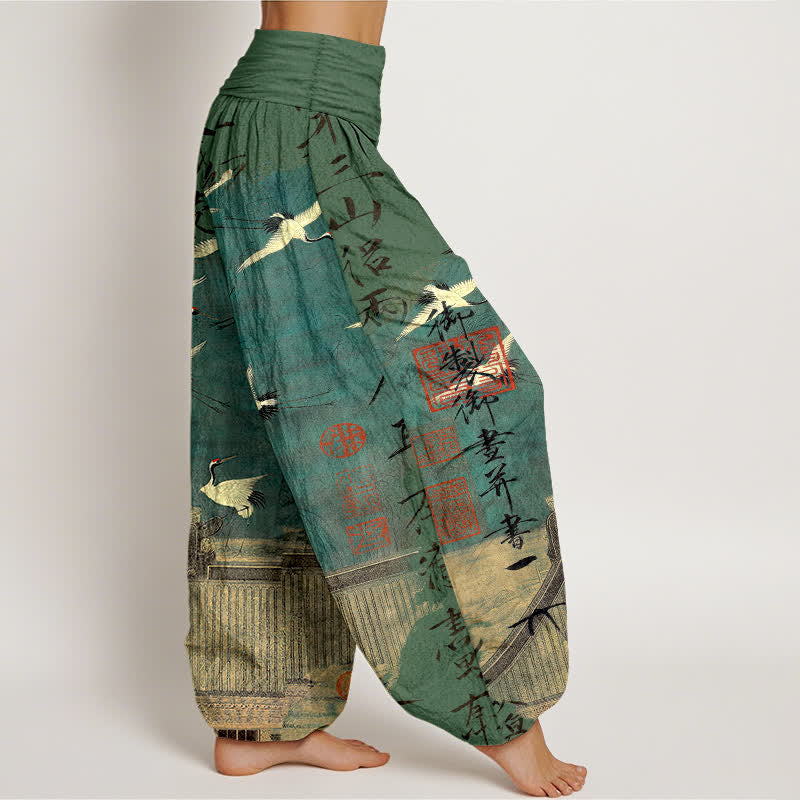 Buddha Stones Pantaloni harem da donna in cotone con motivo a gru volante e foca, con elastico in vita. - image 6